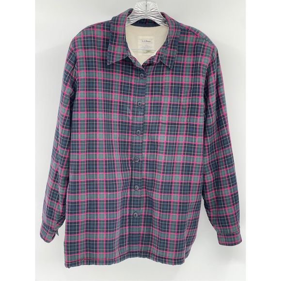 L.L. Bean Button Down Shirt‎ Flannel Women Large Pink Green Plaid Sherpa Fleece - Picture 1 of 10